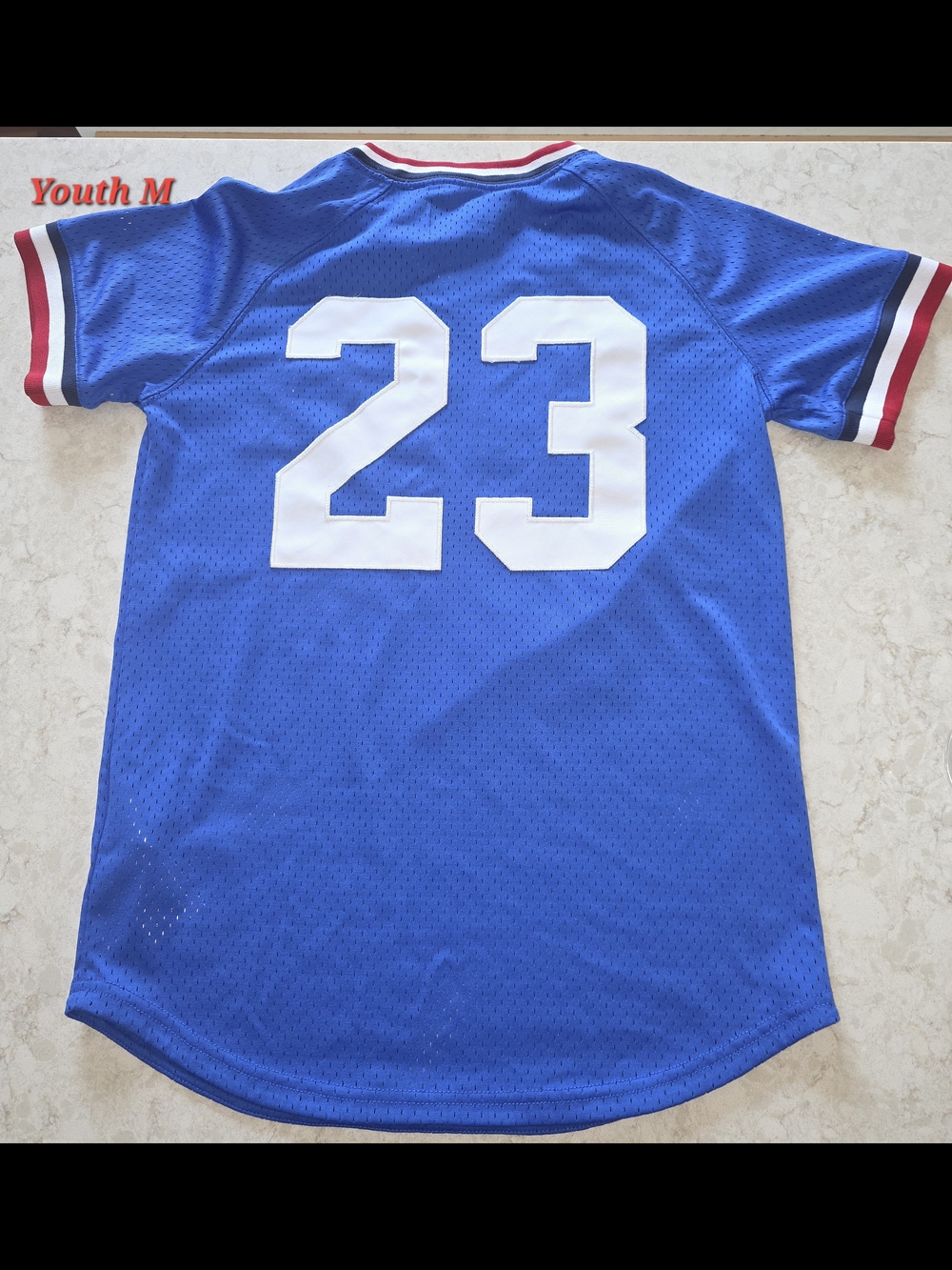 Blue Mesh Jersey with White Number 23 and Red Trim